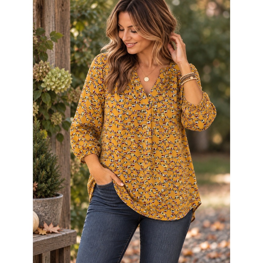 Pleione XL Mustard Yellow Floral Blouse 3/4 Sleeve Boho Romantic Tunic Top